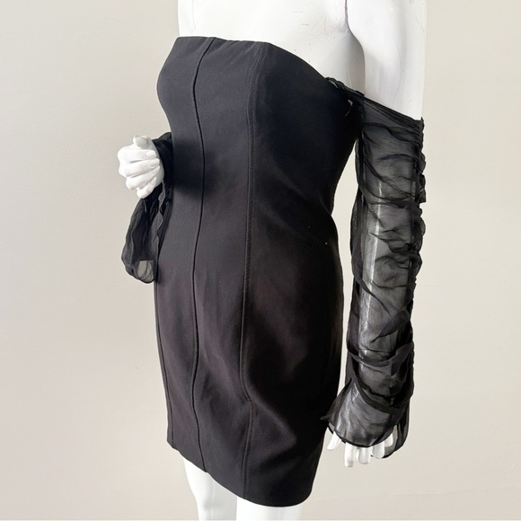 Cinq à Sept Anastasia Off Shoulder Sheer Ruffly Sleeve Black Mini Dress Holiday - Picture 4 of 8